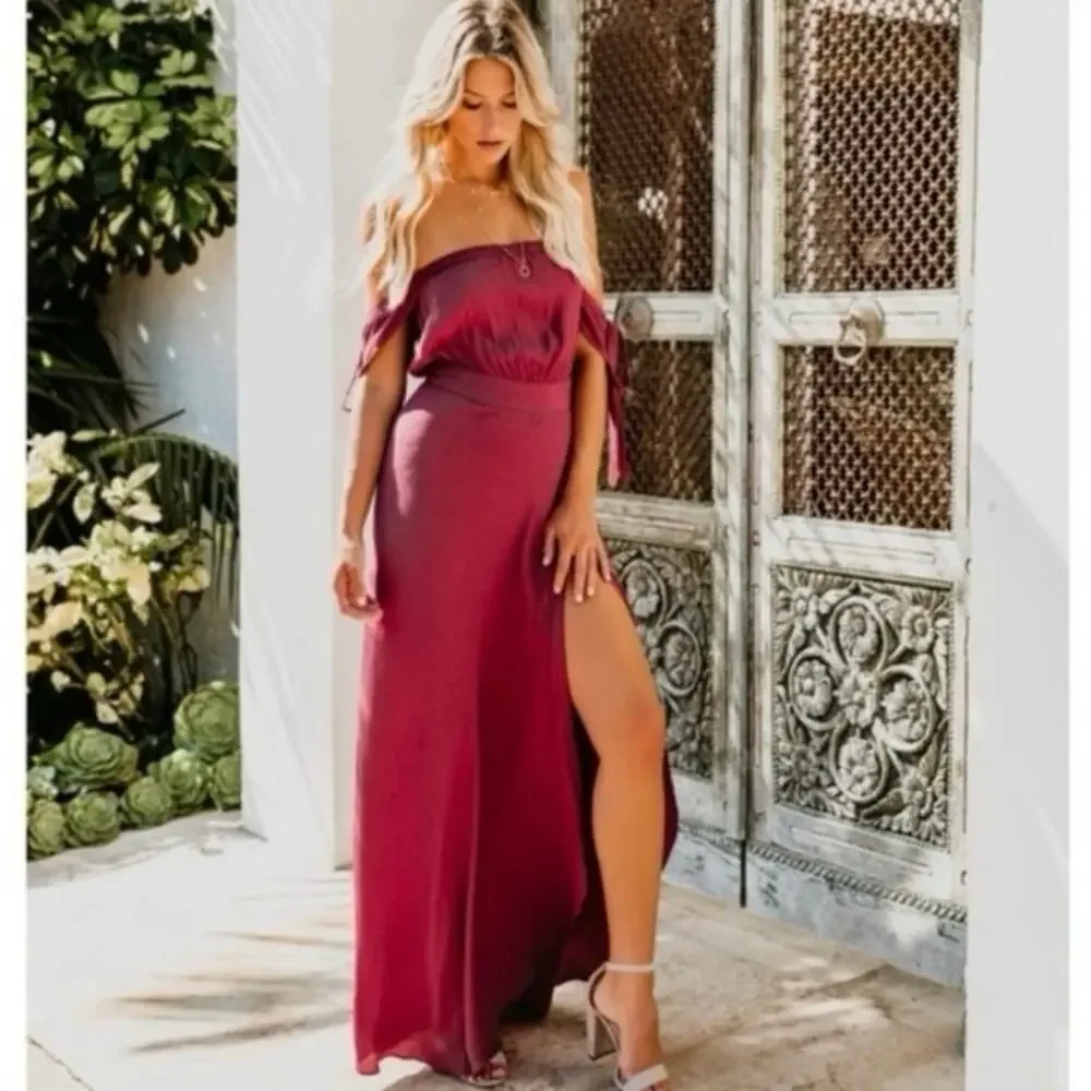 VICI Infinity Off Shoulder Maxi Dress Burgundy L Boho Cottagecore Flowy Romantic - Picture 2 of 8